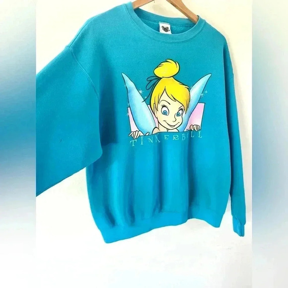 The Disney Catalog Vintage 90s Tinkerbell Teal Crewneck Sweatshirt Size Medium - Picture 2 of 14